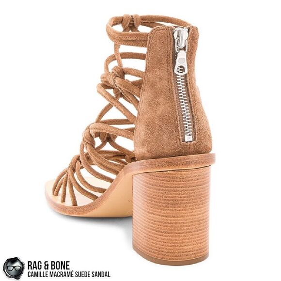 RAG & BONE CAMILLE MACRAMÉ SUEDE HIGH-HEEL STRAPPY SANDALS IN CAMEL SIZE 8, 9.5 - Picture 4 of 11